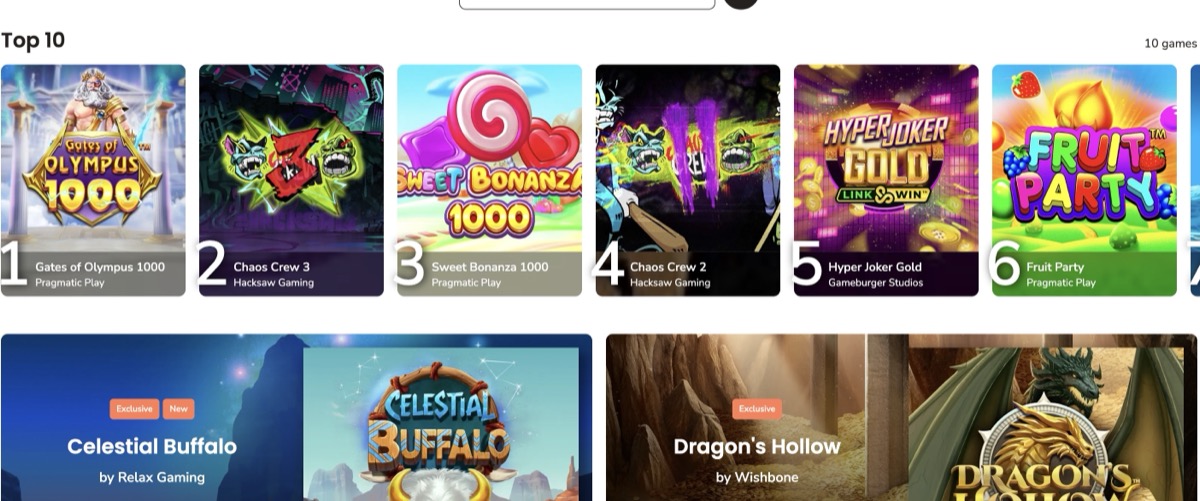 Maria Casino Top 10 games including Gates of Olympus 1000, Chaos Crew 3, and Sweet Bonanza 1000