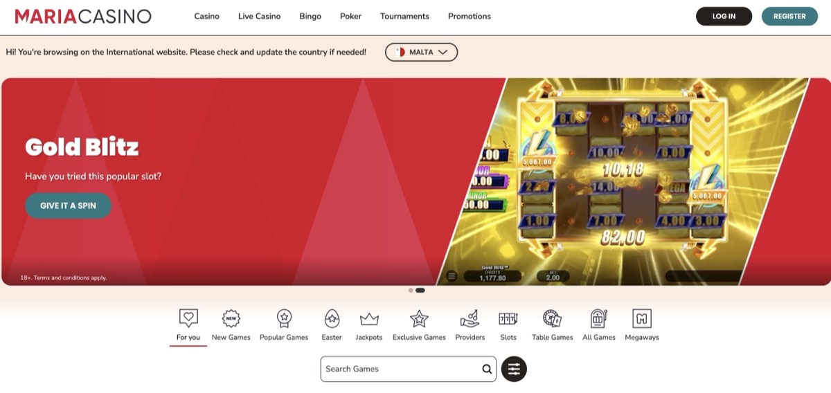 Maria Casino international homepage on Malta locale with Gold Blitz slot and full game category navigation