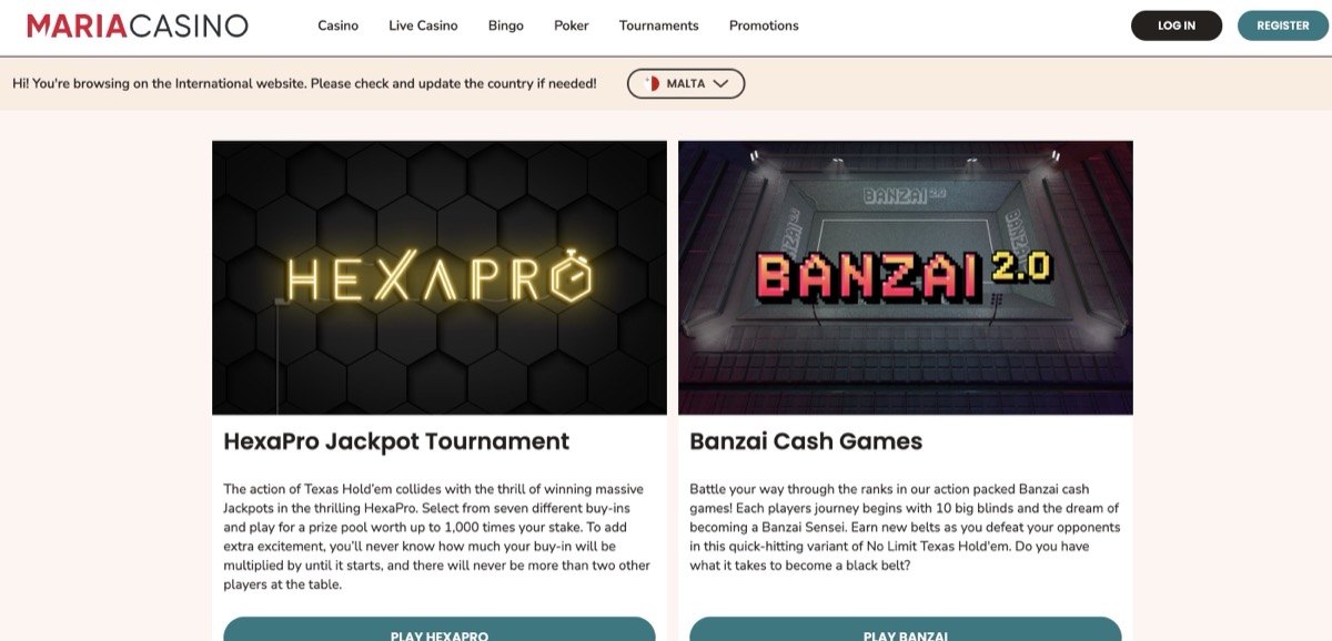 Maria Casino poker section featuring HexaPro Jackpot Tournament and Banzai Cash Games