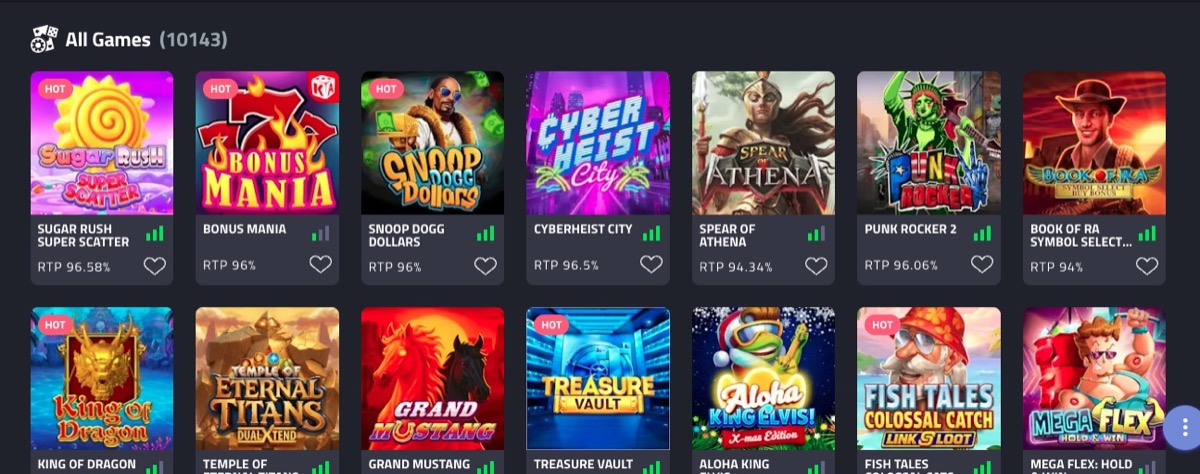 mBit Casino game library with provider filters and RTP displayed on tiles