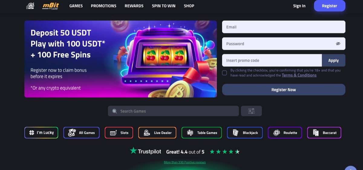 mBit Casino homepage showing the welcome bonus banner and game lobby