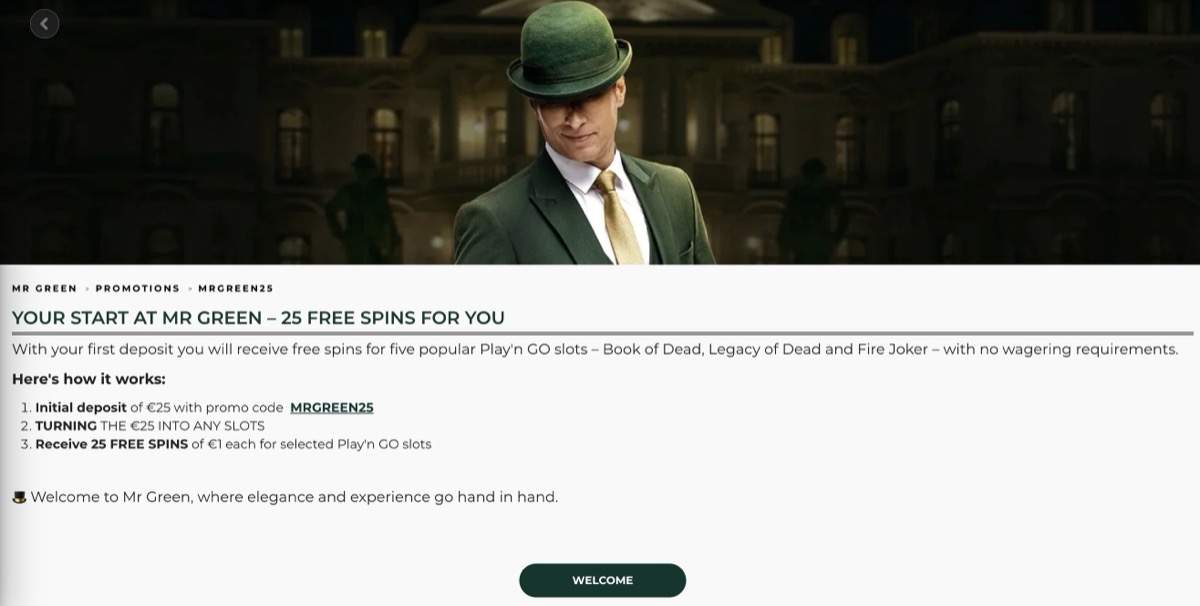 Mr Green 25 free spins promotion with MRGREEN25 promo code
