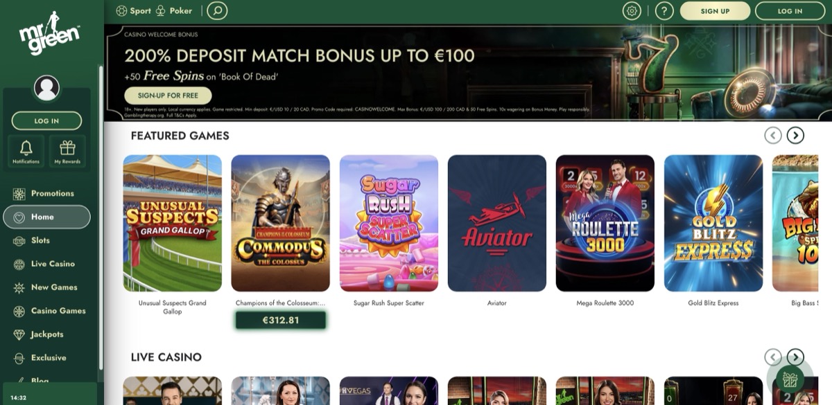 Mr Green Casino homepage with 200% match bonus and featured games