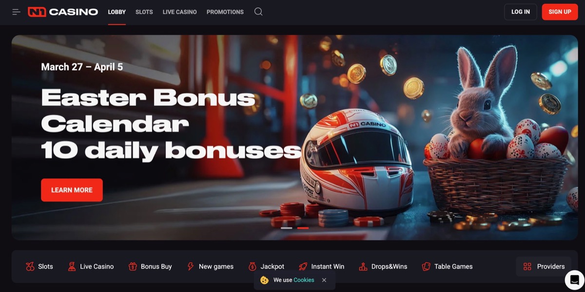 N1 Casino homepage showing the Easter Bonus Calendar promotion with 10 daily bonuses running March 27 to April 5
