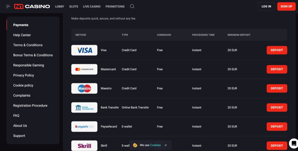 N1 Casino payment methods page listing Visa, Mastercard, Maestro, Bank Transfer, Paysafecard, and Skrill – all with instant processing and a 20 EUR minimum deposit