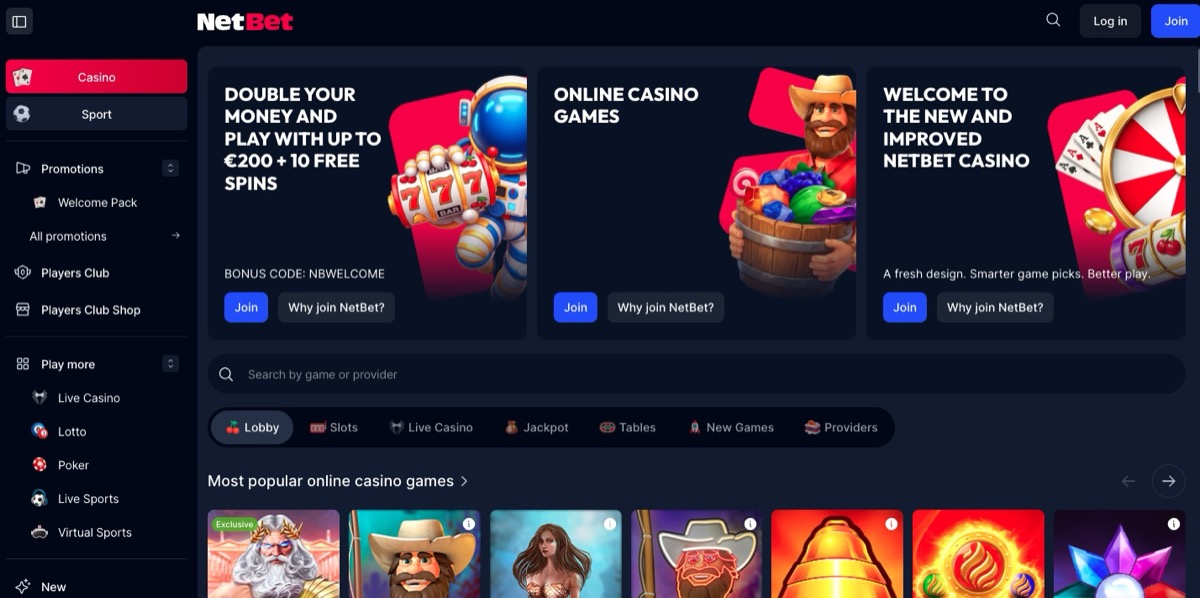 NetBet casino lobby displaying the 100% up to €200 plus 10 free spins welcome offer