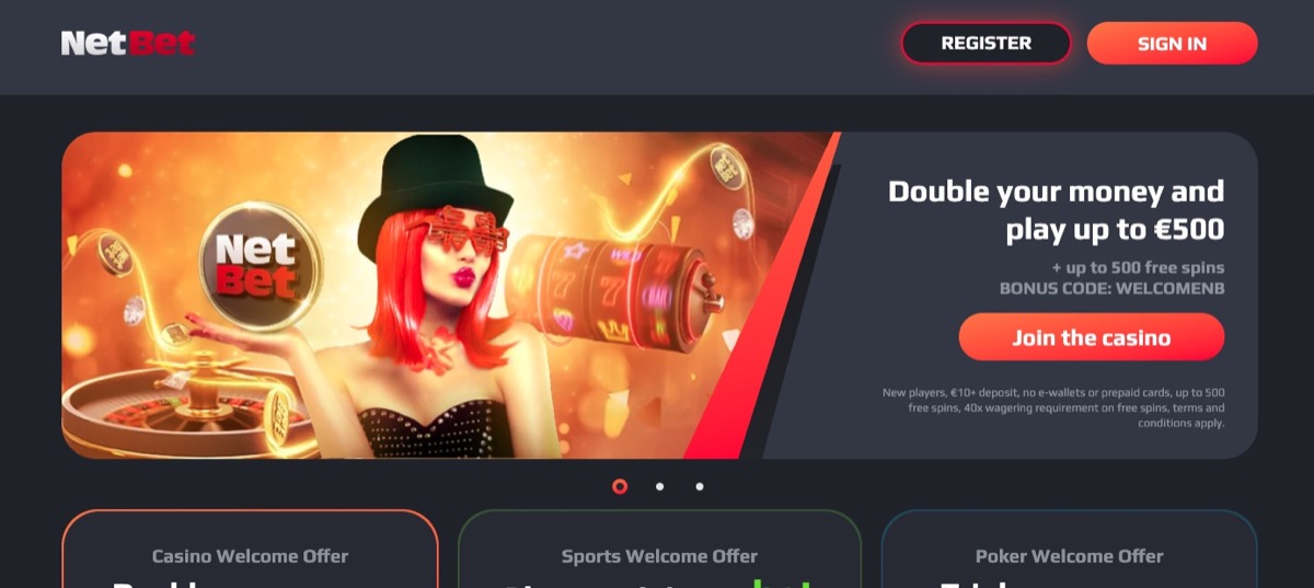 NetBet homepage showing a welcome offer of up to €500 plus 500 free spins with code WELCOMENB