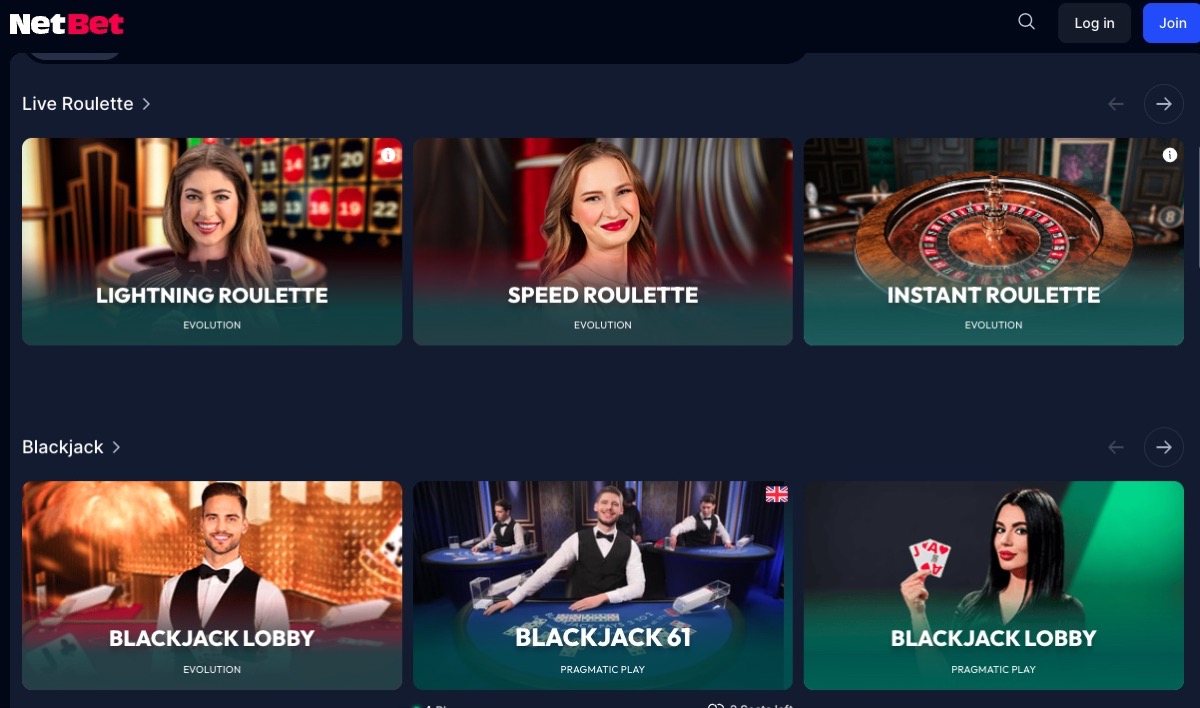 NetBet live casino lobby with Lightning Roulette, Speed Roulette, and Blackjack tables from Evolution and Pragmatic Play