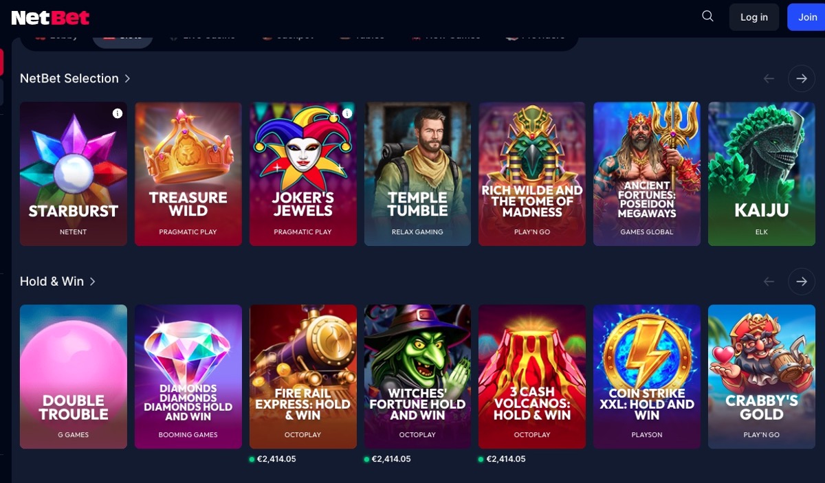 NetBet slots page featuring Starburst, Treasure Wild, Temple Tumble, and Hold & Win titles