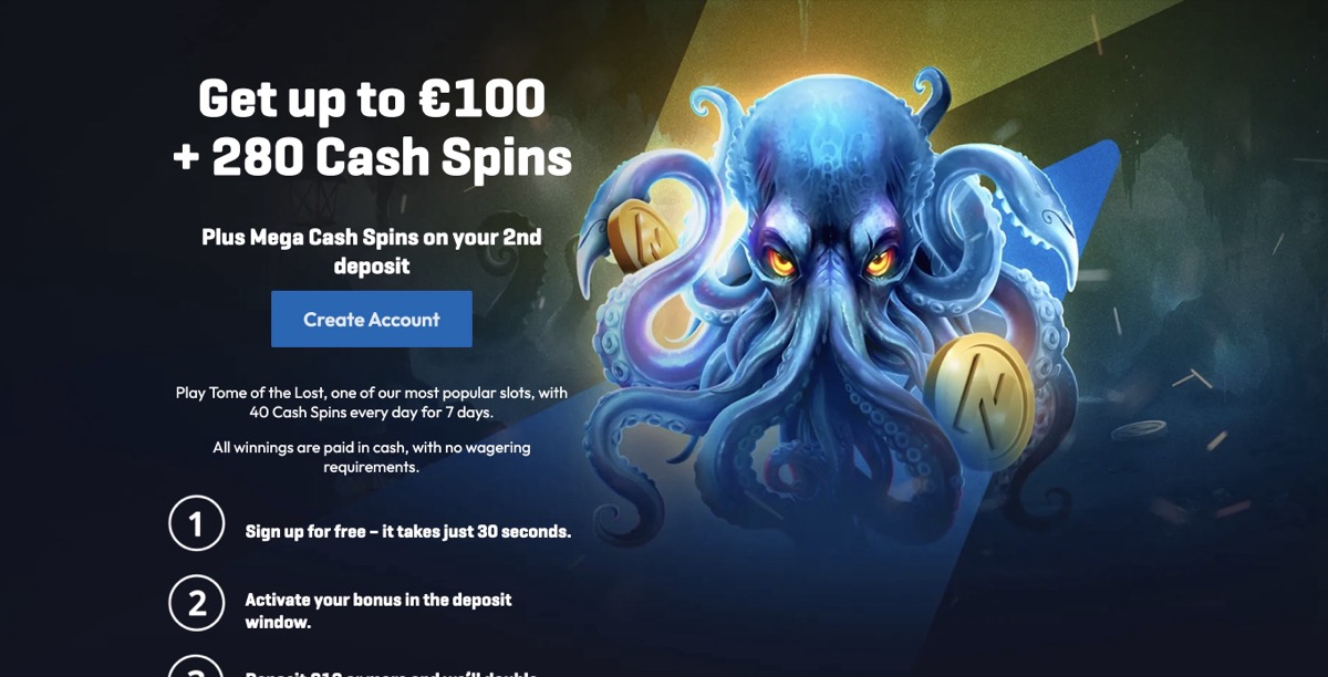 NordicBet casino bonus — up to €100 plus 280 cash spins