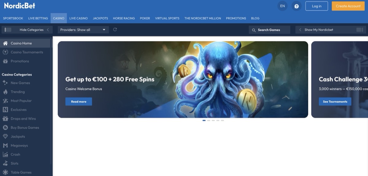 NordicBet casino game lobby with category filters
