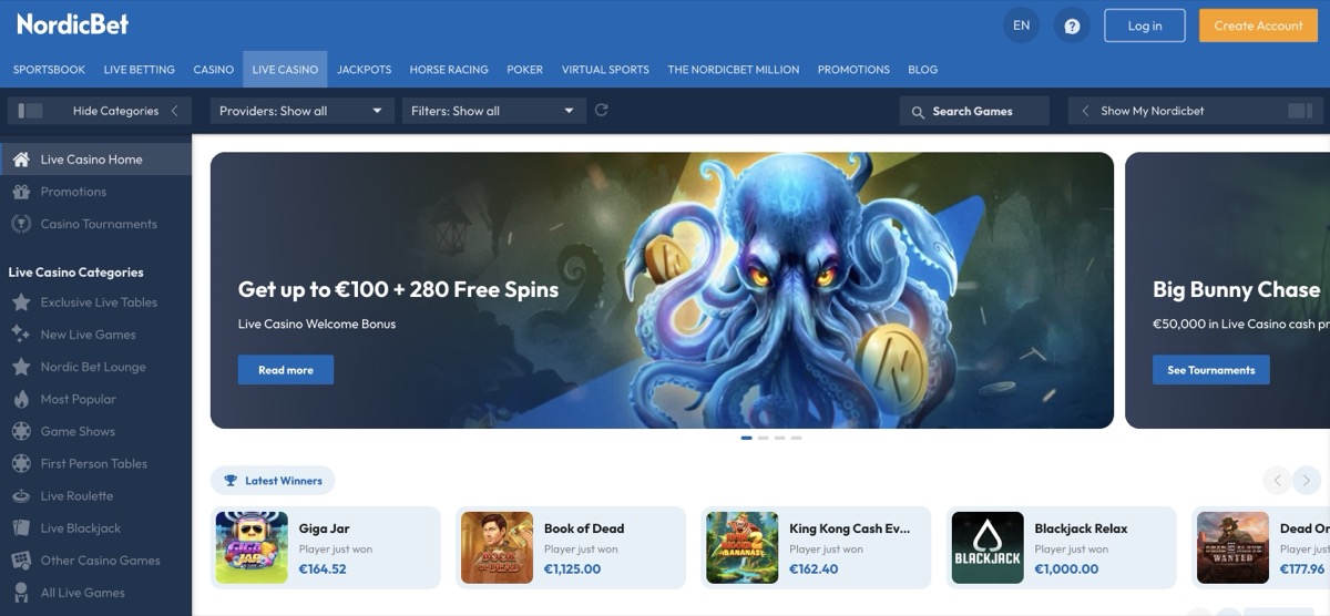 NordicBet live casino with latest winners and tournament promotions