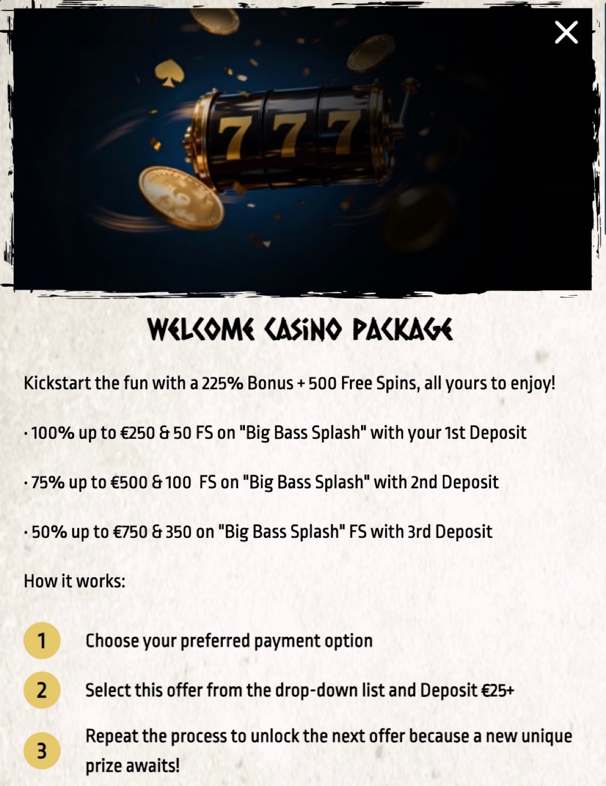 NordsCasino Welcome Casino Package popup showing the 225% bonus breakdown across three deposits with free spins on Big Bass Splash