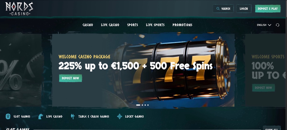 NordsCasino homepage showing the Welcome Casino Package banner with 225% up to EUR 1,500 + 500 Free Spins, navigation menu, and game category tabs