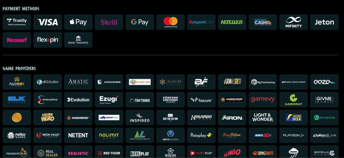 NordsCasino payment methods and game providers footer showing Trustly, Visa, Apple Pay, Skrill, GPay, Paysafecard, Neteller, CASHlib, Jeton, MiFinity, Neosurf, Flexepin, and bank transfer logos alongside 40+ provider logos