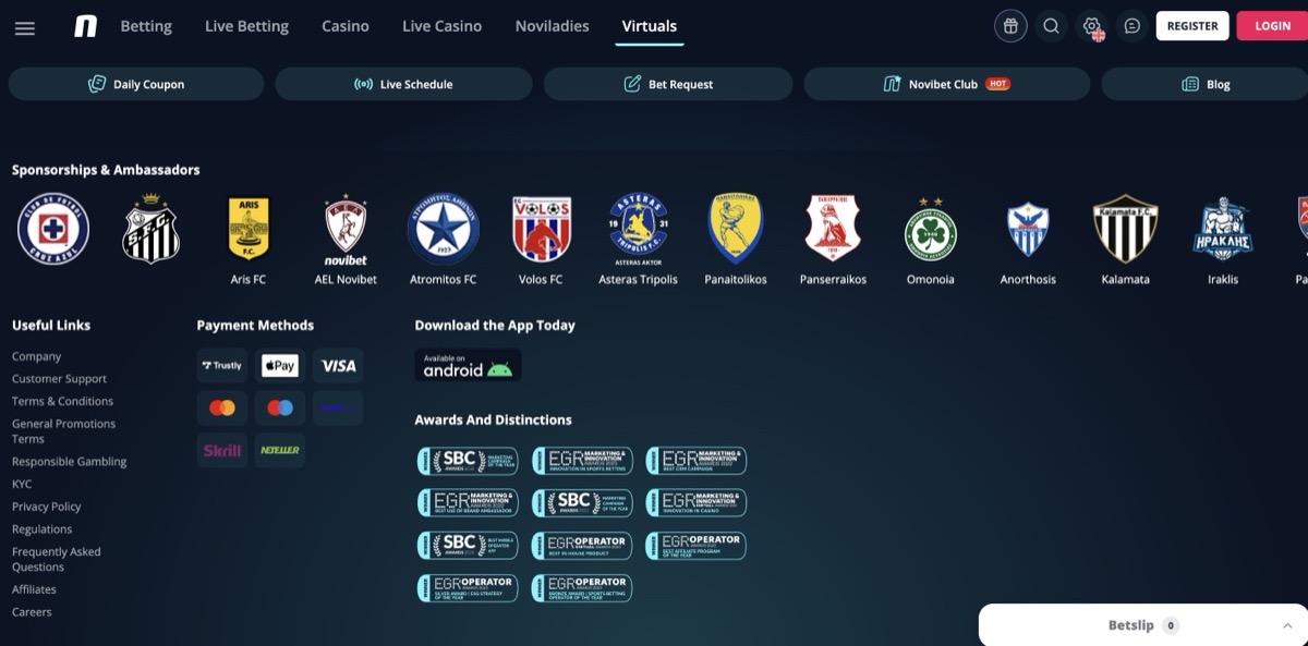 Novibet sponsorships section showing partnerships with Greek football clubs including Aris FC, Atromitos, and Asteras Tripolis