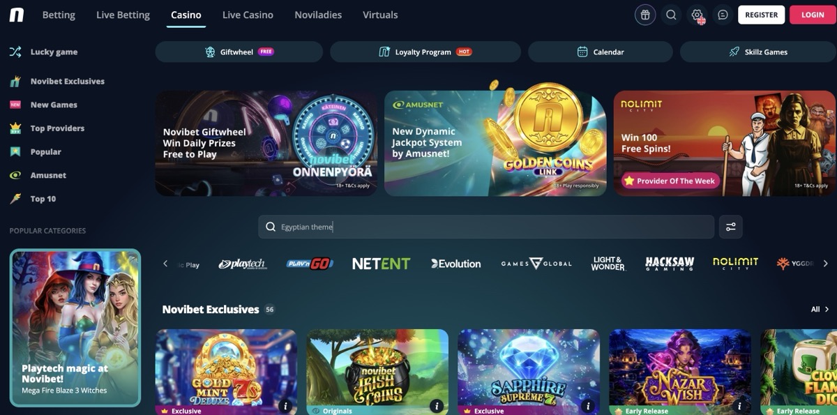 Novibet casino lobby with Giftwheel, Loyalty Program, and providers including Playtech, NetEnt, Evolution, and Hacksaw