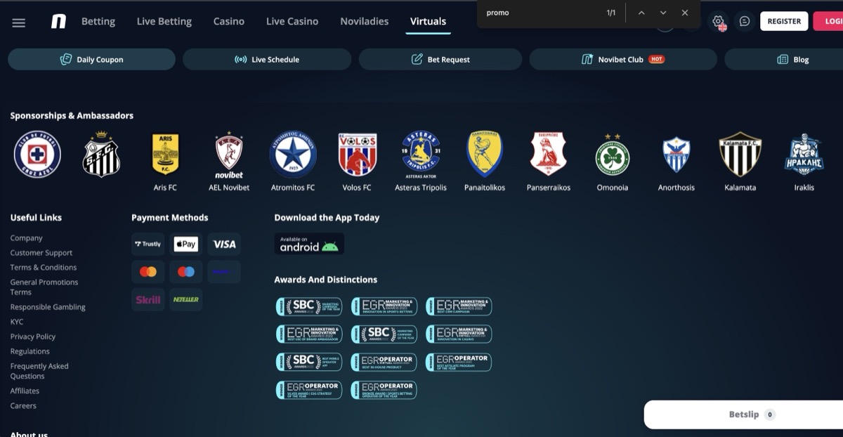 Novibet footer showing payment methods including Trustly, Apple Pay, Visa, Skrill, and Neteller with SBC and EGR awards