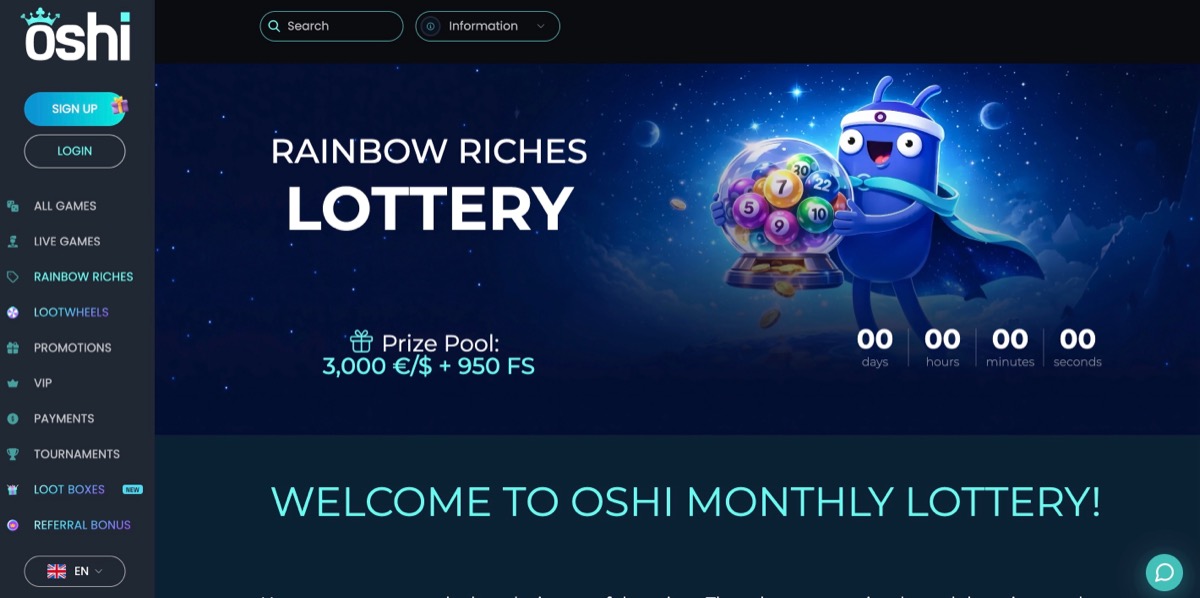 Oshi Casino homepage showing the Rainbow Riches Lottery promo with a 3,000 EUR prize pool and 950 free spins, plus the full sidebar navigation