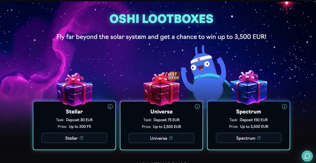 Oshi Casino Lootboxes page showing three tiers – Stellar at 30 EUR deposit with up to 200 free spins, Universe at 75 EUR with up to 2,500 EUR, and Spectrum at 150 EUR with up to 3,500 EUR