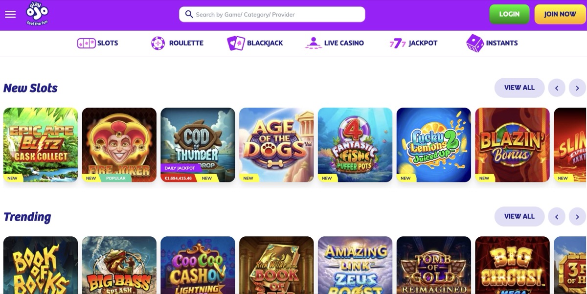 PlayOJO game library showing new slots and trending titles