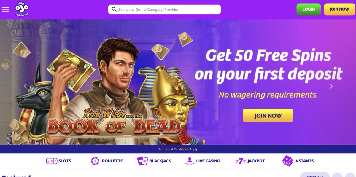 PlayOJO homepage – 50 free spins with no wagering requirements