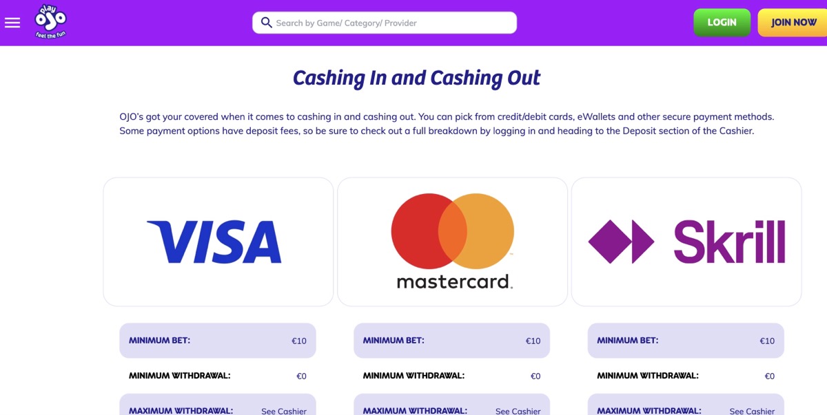 PlayOJO payment methods – Visa, Mastercard, Skrill with €10 minimum
