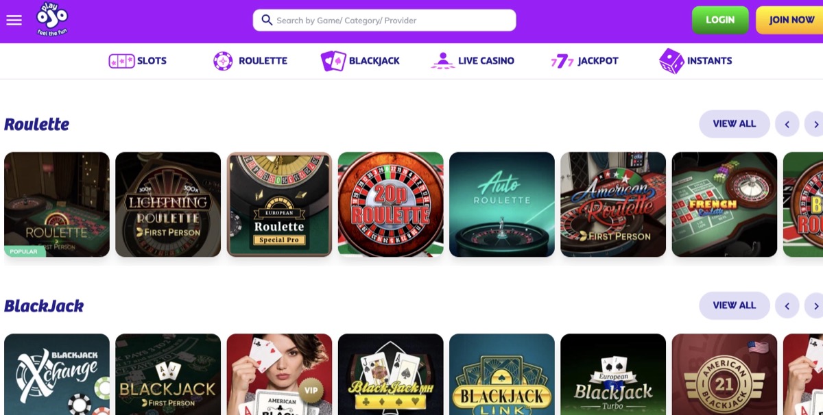 PlayOJO roulette and blackjack game selection