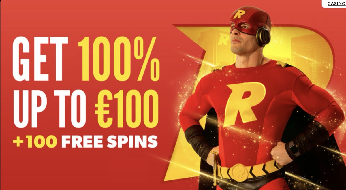 Rizk Casino welcome bonus banner offering 100% up to 100 euro plus 100 free spins