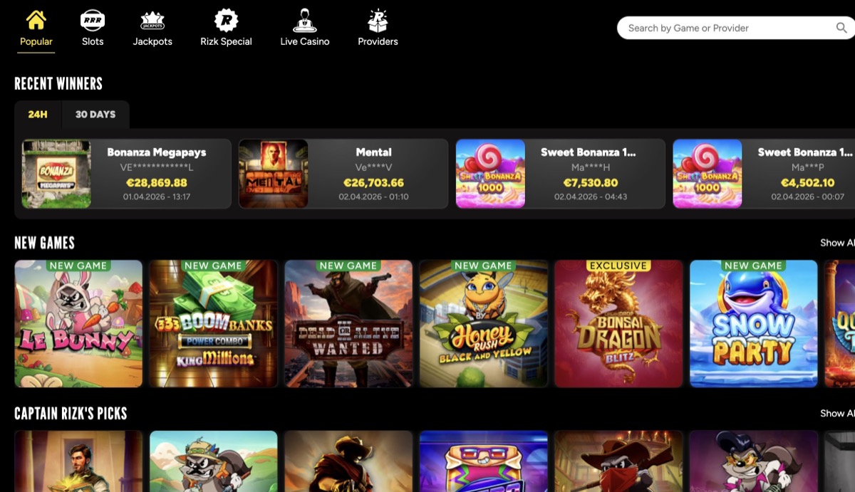 Rizk Casino game lobby showing recent winners and new game releases