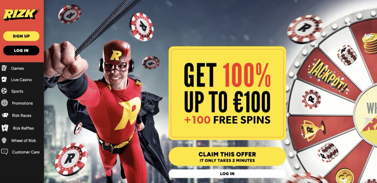 Rizk Casino homepage with Captain Rizk mascot and 100% up to 100 euro plus 100 free spins welcome bonus