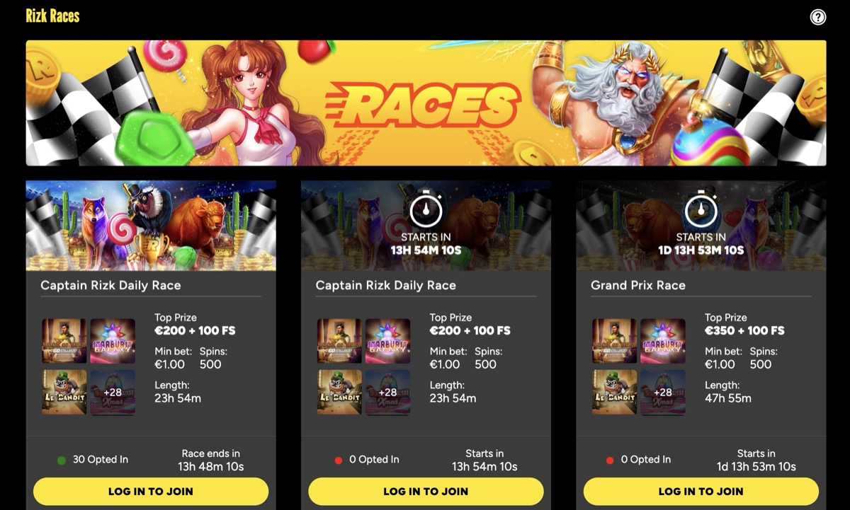 Rizk Races page with Captain Rizk Daily Race and Grand Prix Race tournaments