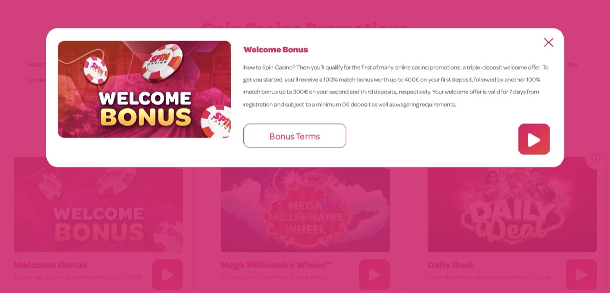 Spin Casino welcome bonus details showing triple-deposit offer up to 400 euro first deposit with 7-day validity