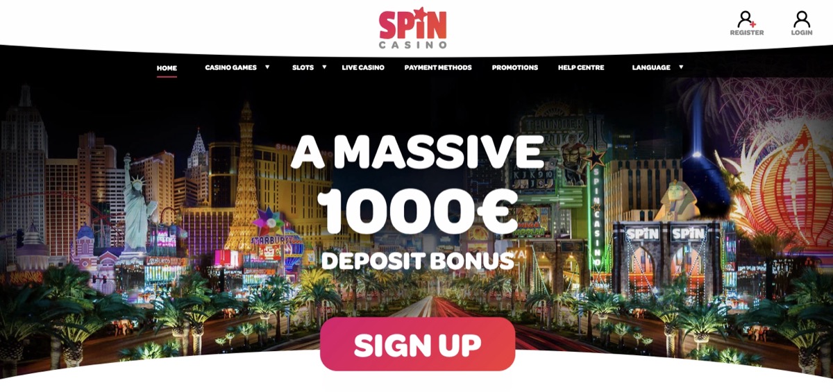 Spin Casino homepage advertising a massive 1,000 euro deposit bonus with Las Vegas themed design