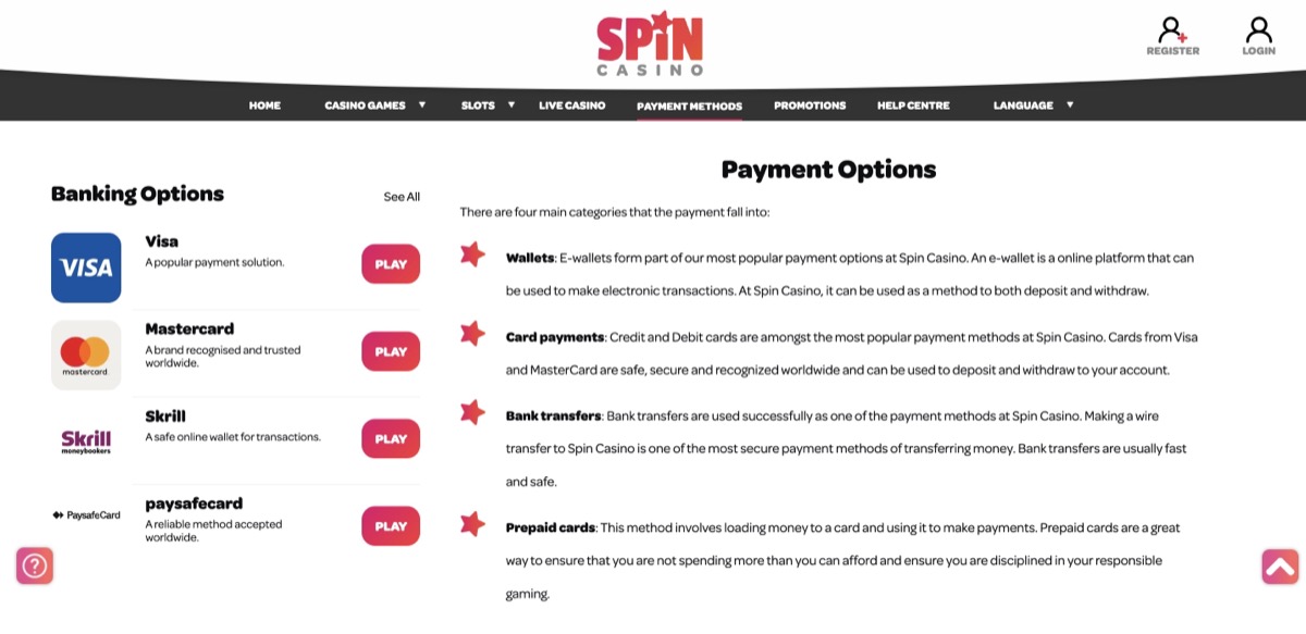 Spin Casino payment options page showing Visa, Mastercard, Skrill, and Paysafecard with four payment categories