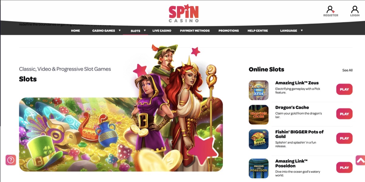 Spin Casino online slots page with Amazing Link Zeus, Dragon's Cache, and Fishin' Bigger Pots of Gold