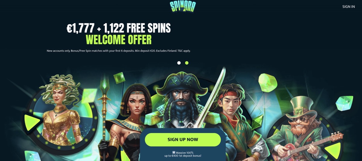 Spinara homepage showing €1,777 + 1,122 Free Spins welcome offer