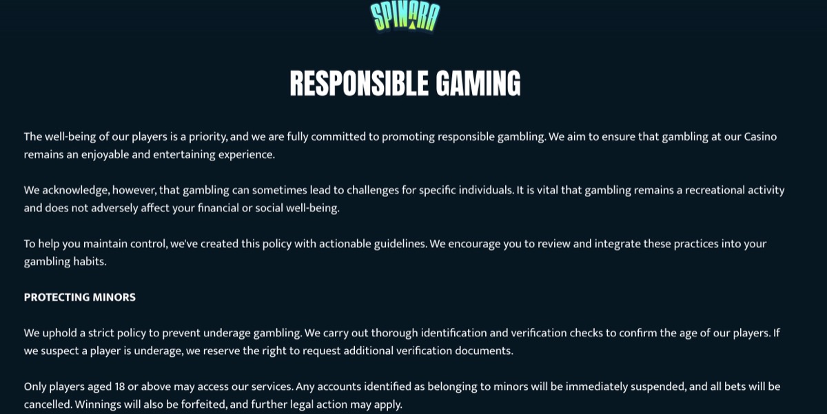 Spinara responsible gaming page with player protection policies