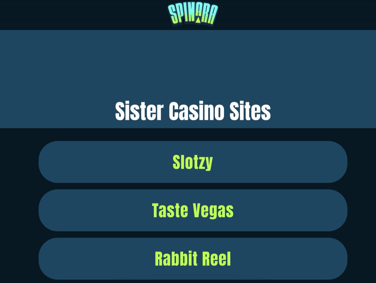 Spinara sister casino sites page listing Slotzy, Taste Vegas, and Rabbit Reel