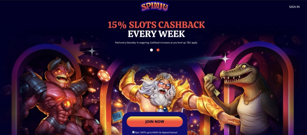 Spinju homepage showing 15% Slots Cashback Every Week promotion