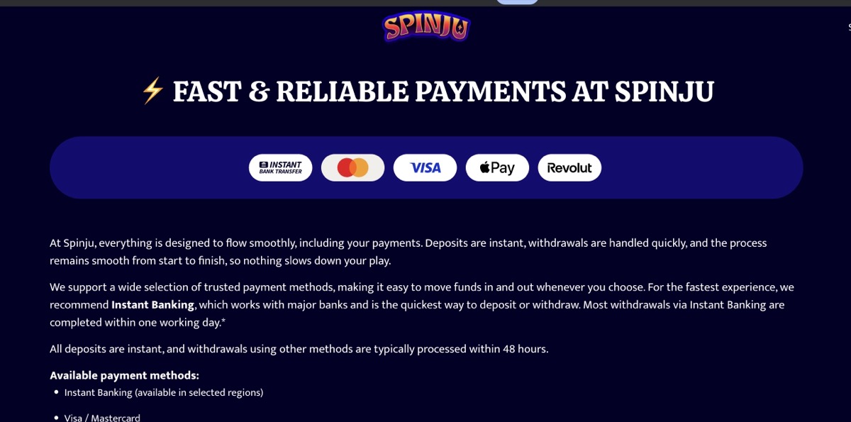 Spinju payment methods page showing Instant Banking, Visa, Mastercard, Apple Pay, Revolut