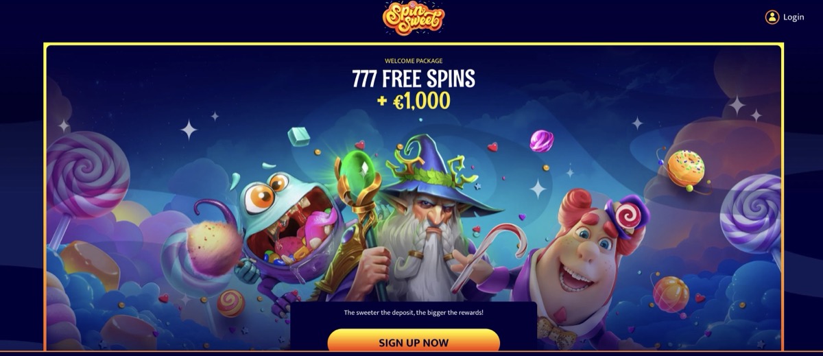 SpinSweet homepage showing 777 Free Spins + €1,000 welcome package with candy theme