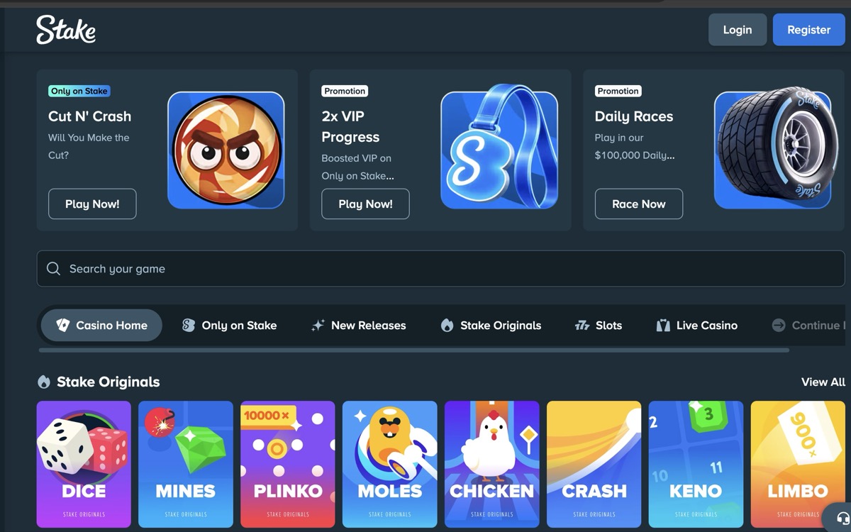 Stake casino lobby with Stake Originals including Dice, Mines, Plinko, Chicken, Crash, and Keno