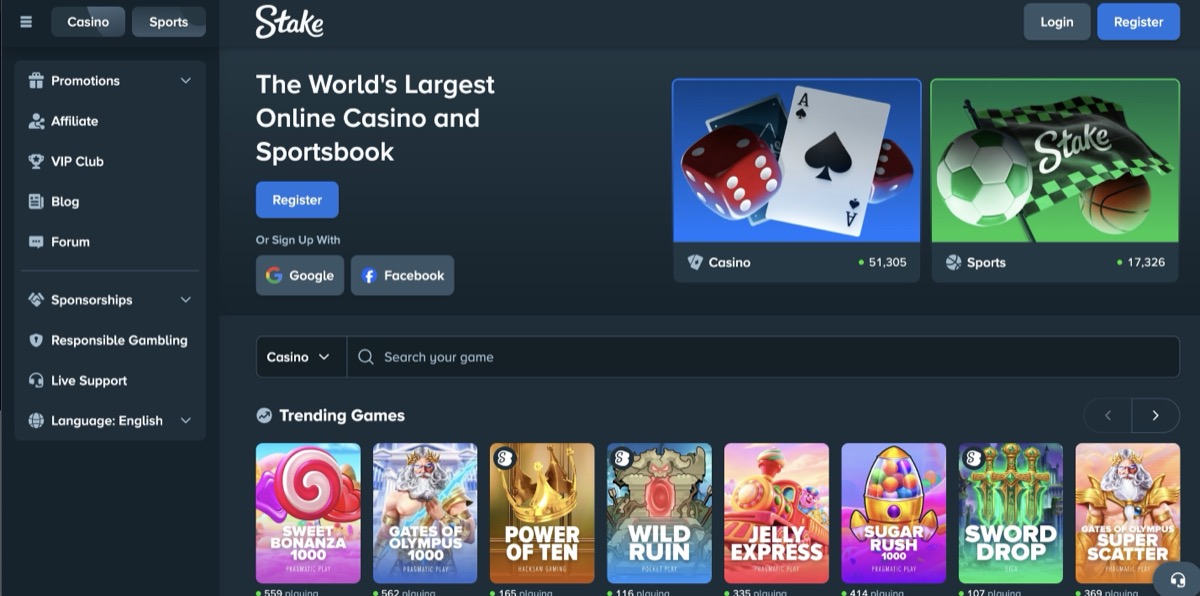 Stake.com landing page showing 51,305 casino games and 17,326 sports markets
