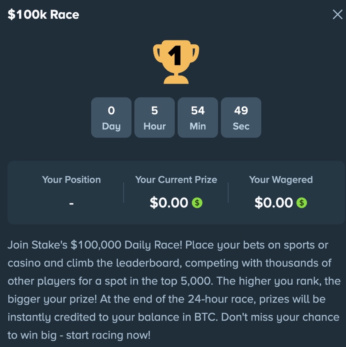 Stake $100,000 daily race promotion with leaderboard and BTC prizes
