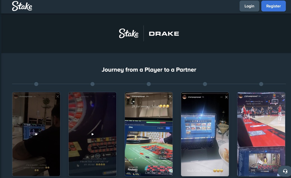 Stake x Drake partnership page showing journey from player to partner