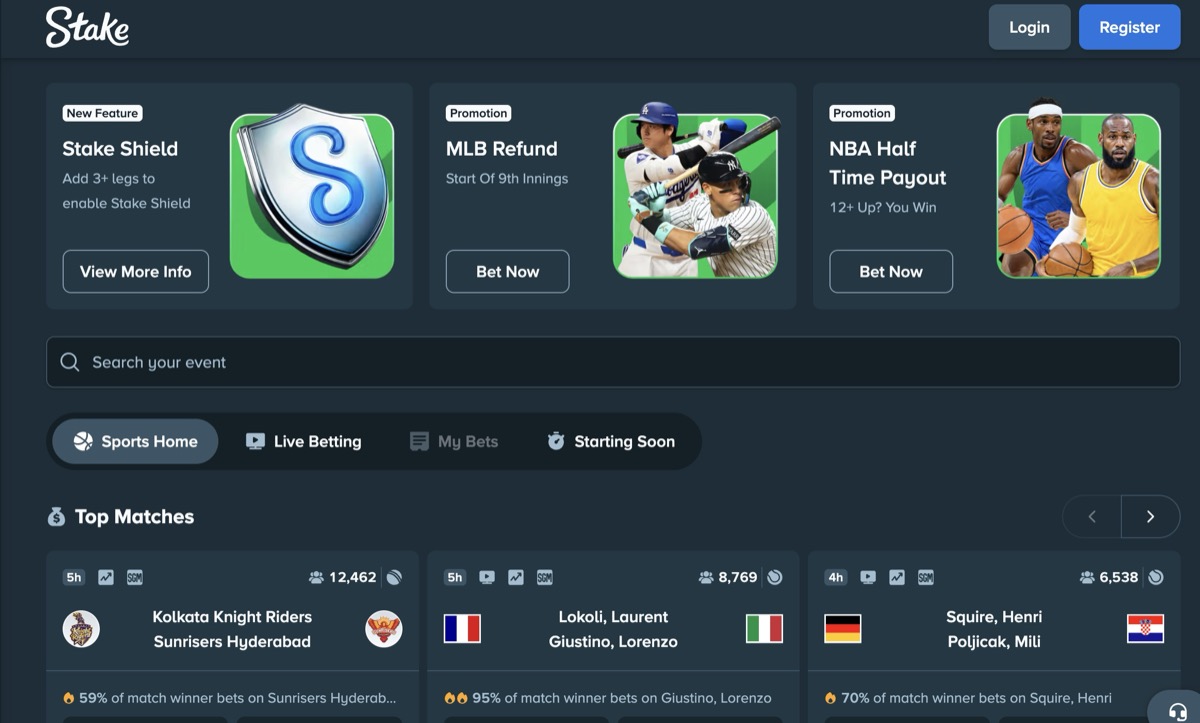 Stake sportsbook featuring Stake Shield, MLB Refund, and NBA Half Time Payout promotions