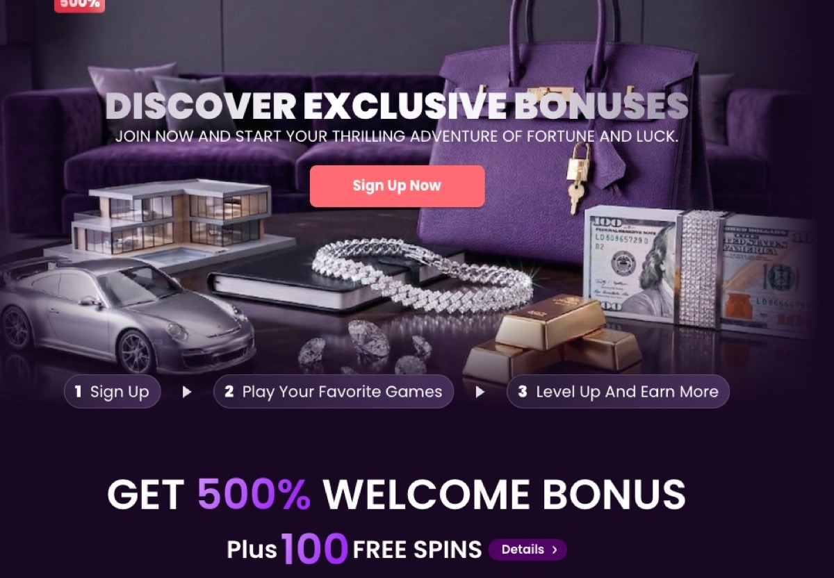 TrustDice welcome bonus page showing the 500% package and deposit match tiers