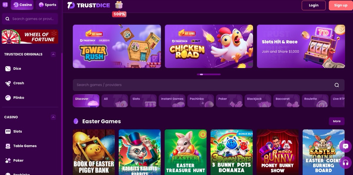 TrustDice homepage showing the welcome bonus banner and game categories