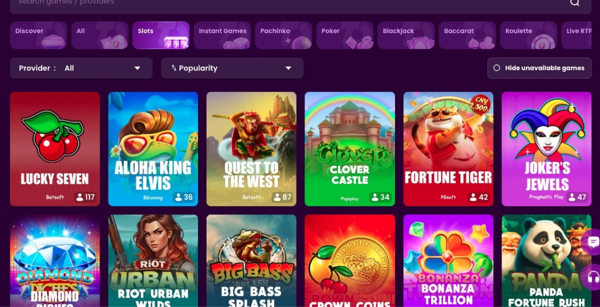 TrustDice slots lobby with live RTP tracker and provider filters